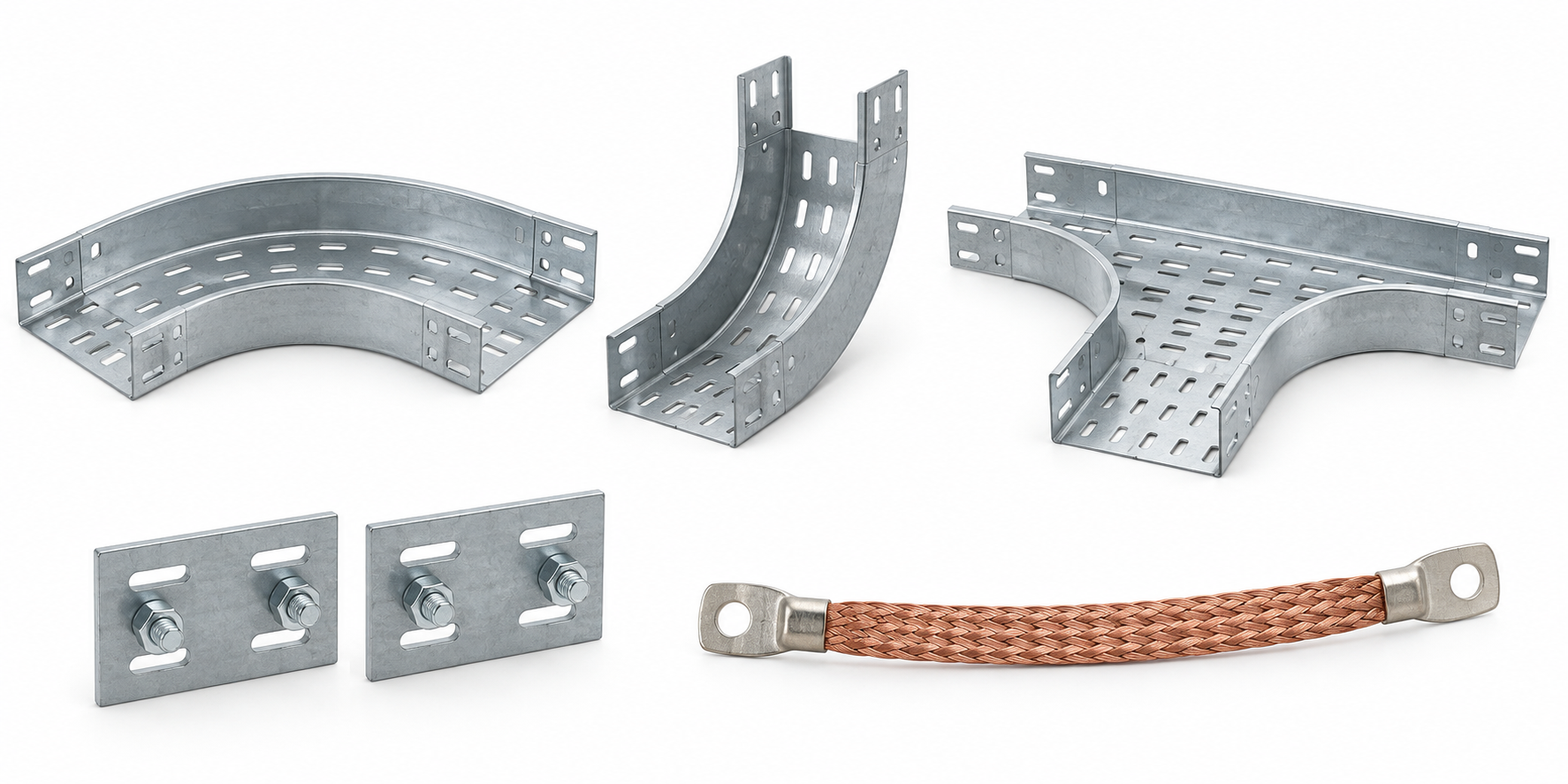 Cable tray horizontal bend, vertical riser, tee, couplers and earthing bond