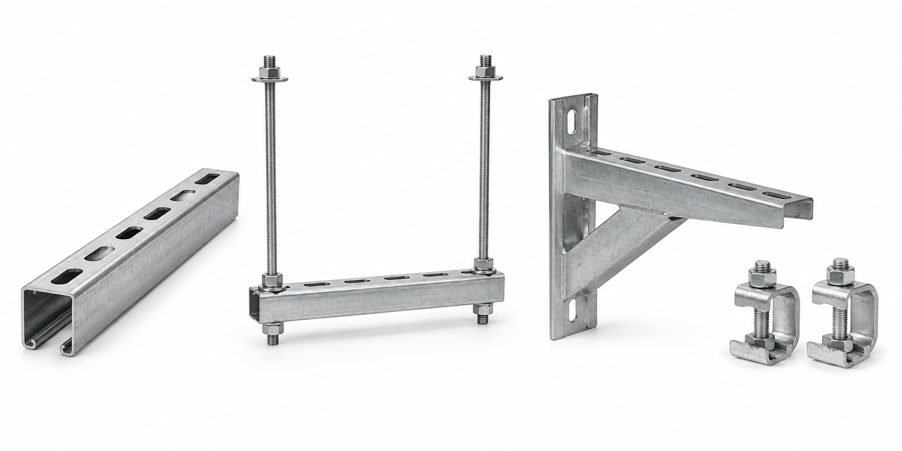 Unistrut channel, trapeze support, cantilever bracket and hold-down clamps