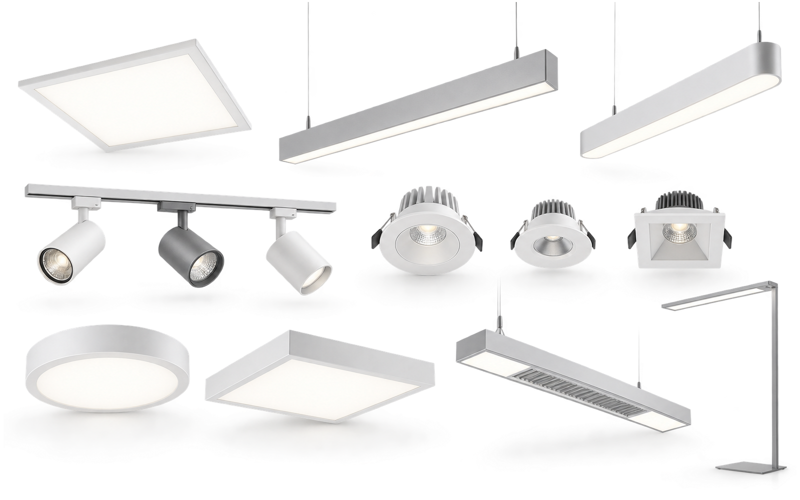 Commercial LED panels, suspended linear lights, track lights and downlights
