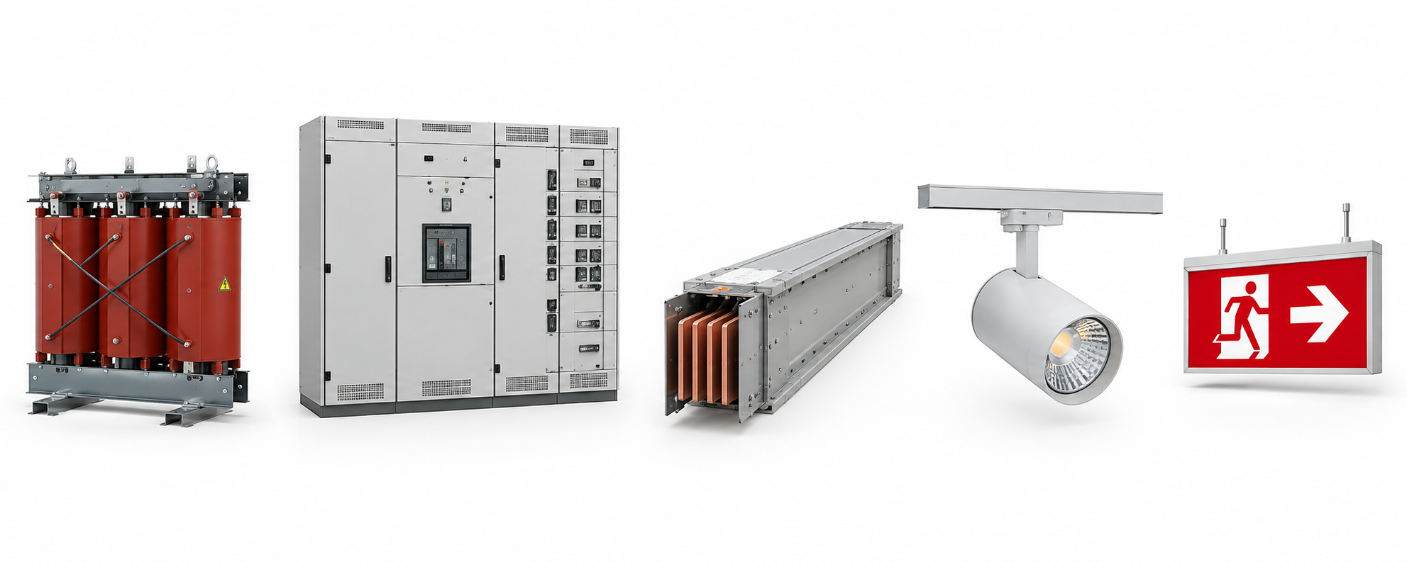 Dry-type transformer, main switchboard, busbar trunking, track light and exit sign