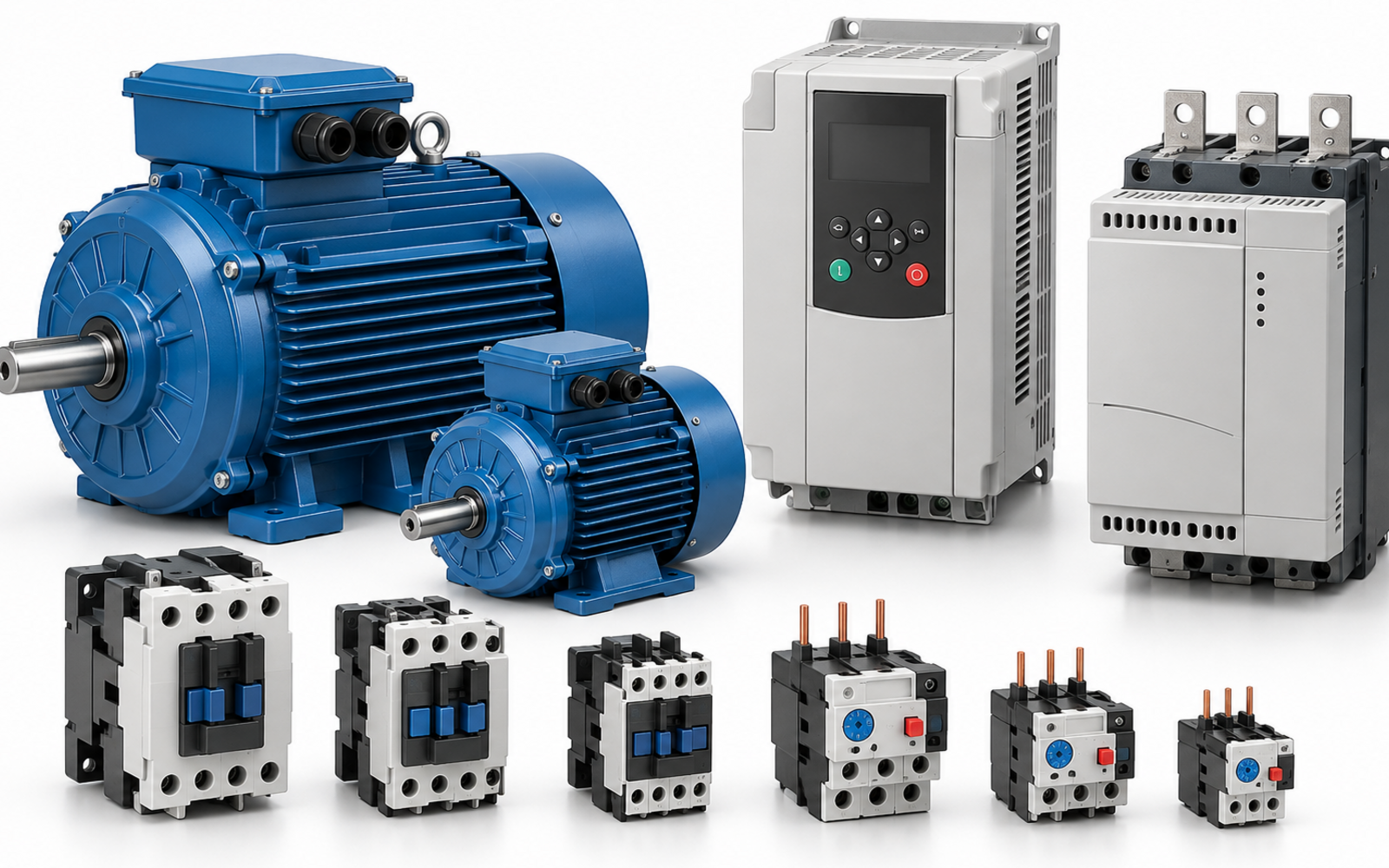 Industrial electric motors, variable-frequency drives, soft starters and contactors