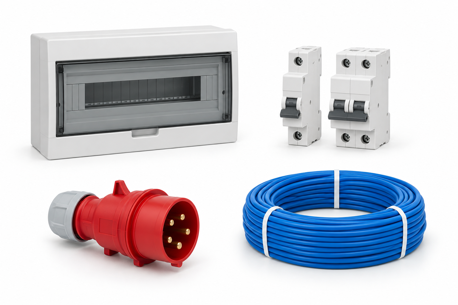 Distribution board, circuit breakers, industrial plug and electrical cable