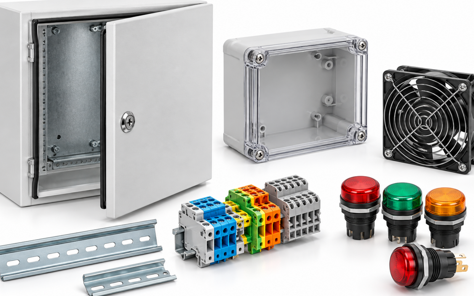Steel and polycarbonate enclosures, DIN rail terminals, panel fan and pilot lights