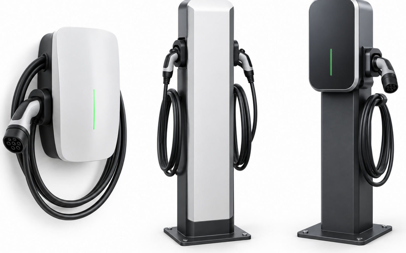 Wall-mounted and pedestal electric vehicle chargers with charging cables