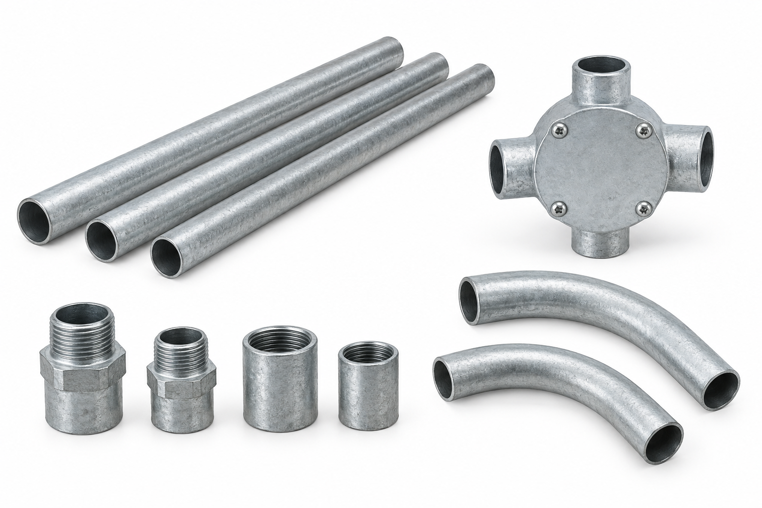 Galvanised conduit, junction box, adaptors, couplings and bends