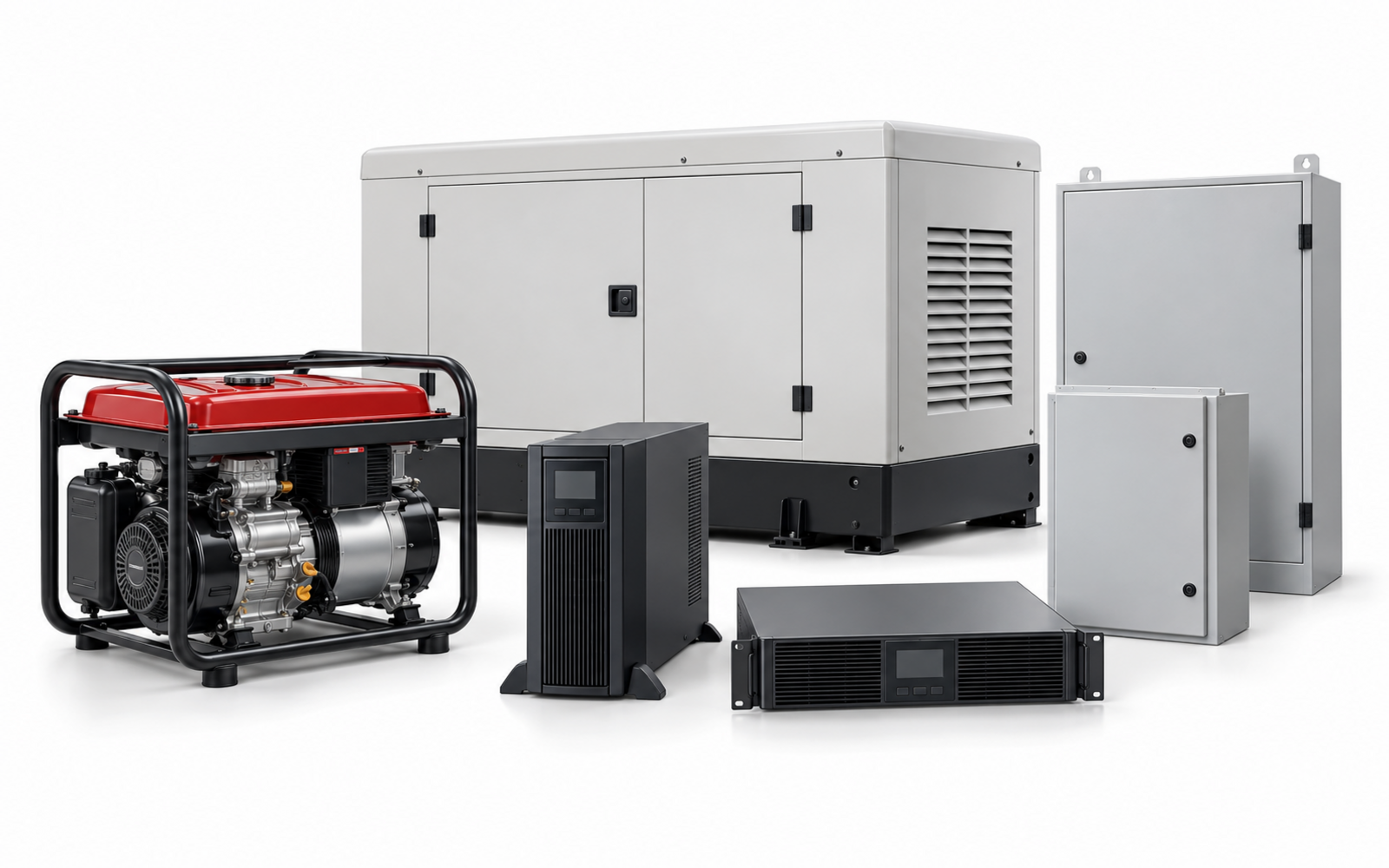 Portable and enclosed generators, UPS units and electrical enclosures