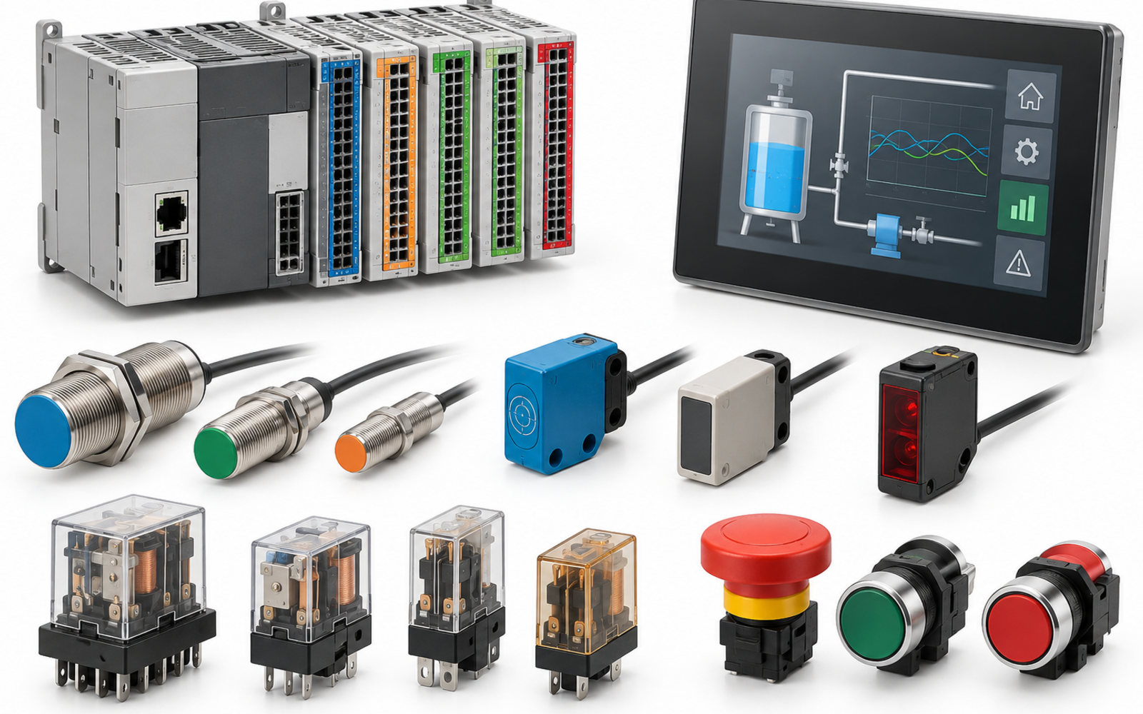 PLC modules, HMI, industrial sensors, control relays and pushbuttons