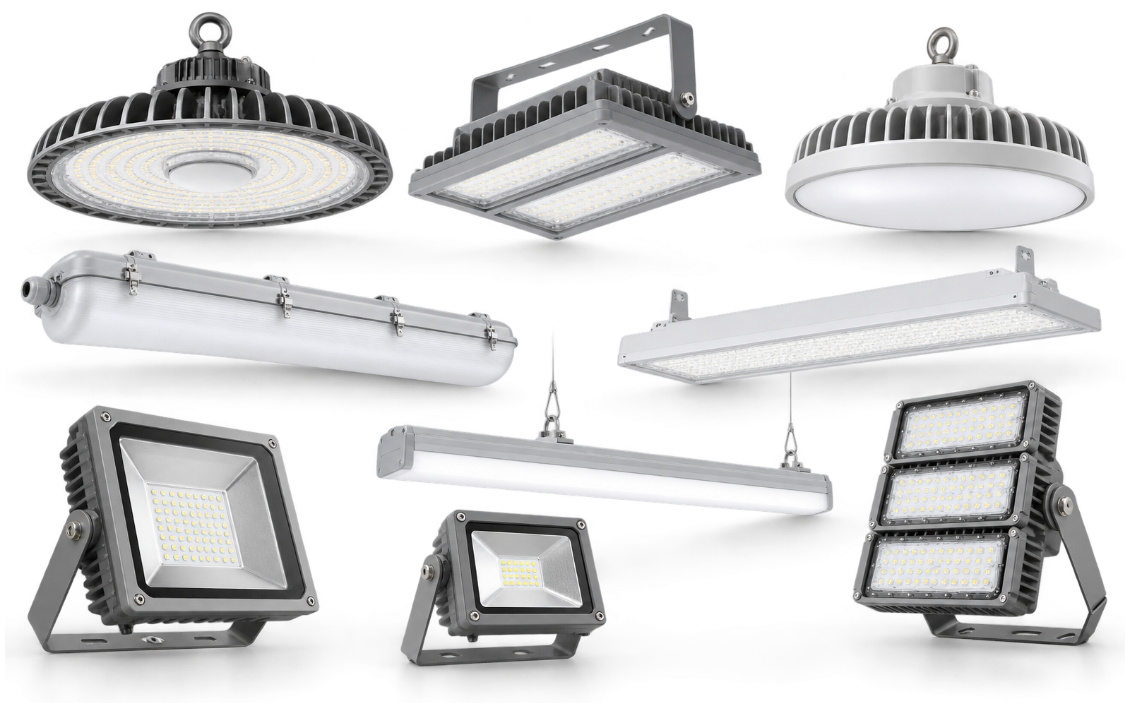 Industrial high-bay lights, vapour-proof battens, warehouse lights and floodlights