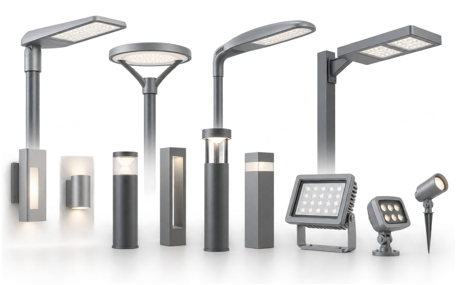 Outdoor street lights, area lights, wall lights, bollards and floodlights