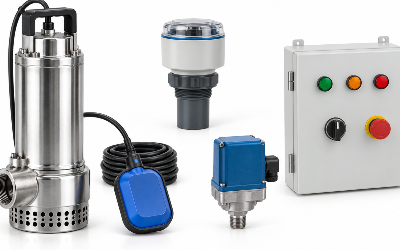 Water pump, float switch, level sensor, pressure switch and pump control panel