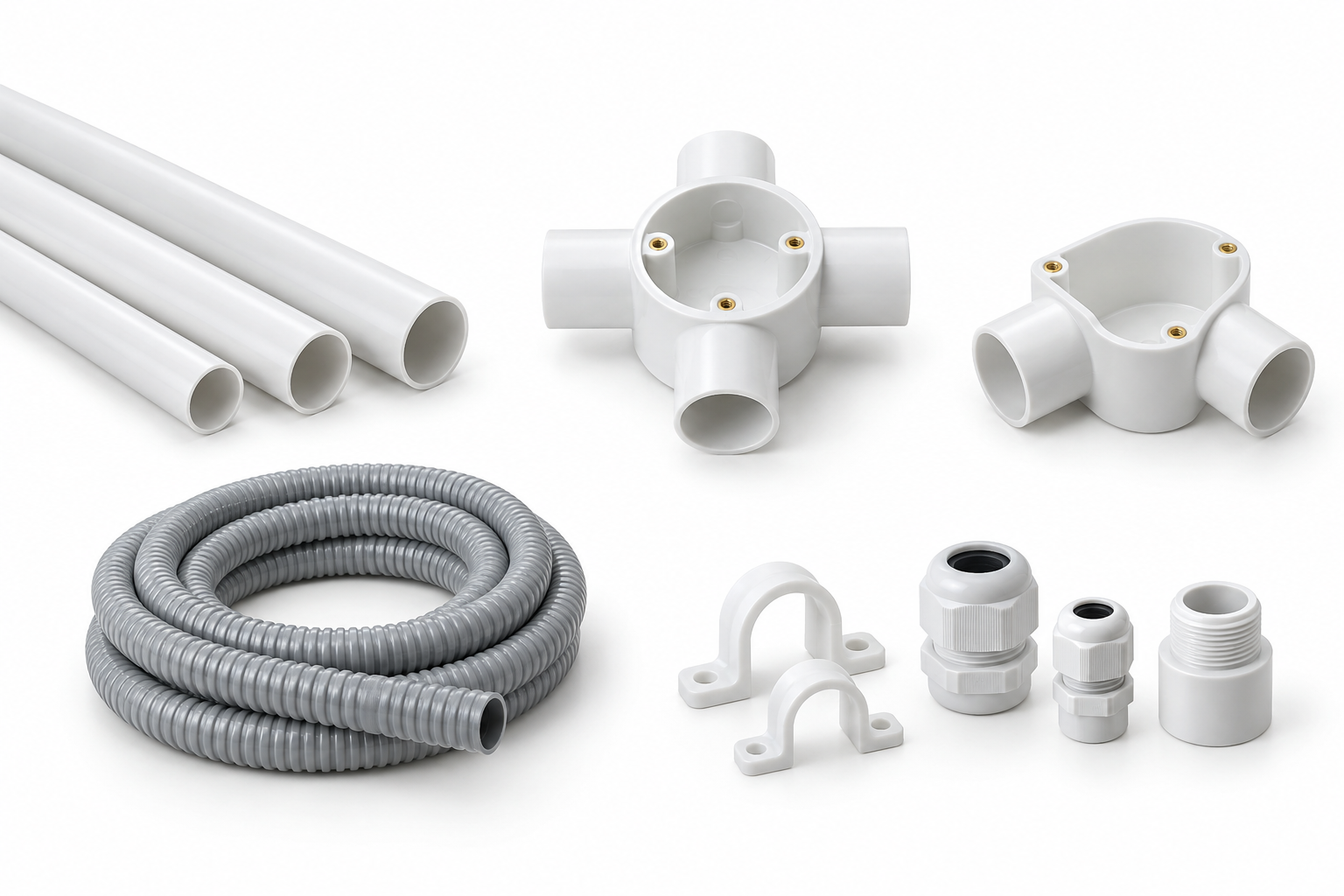 PVC conduit, conduit boxes, flexible sprague, saddles and glands