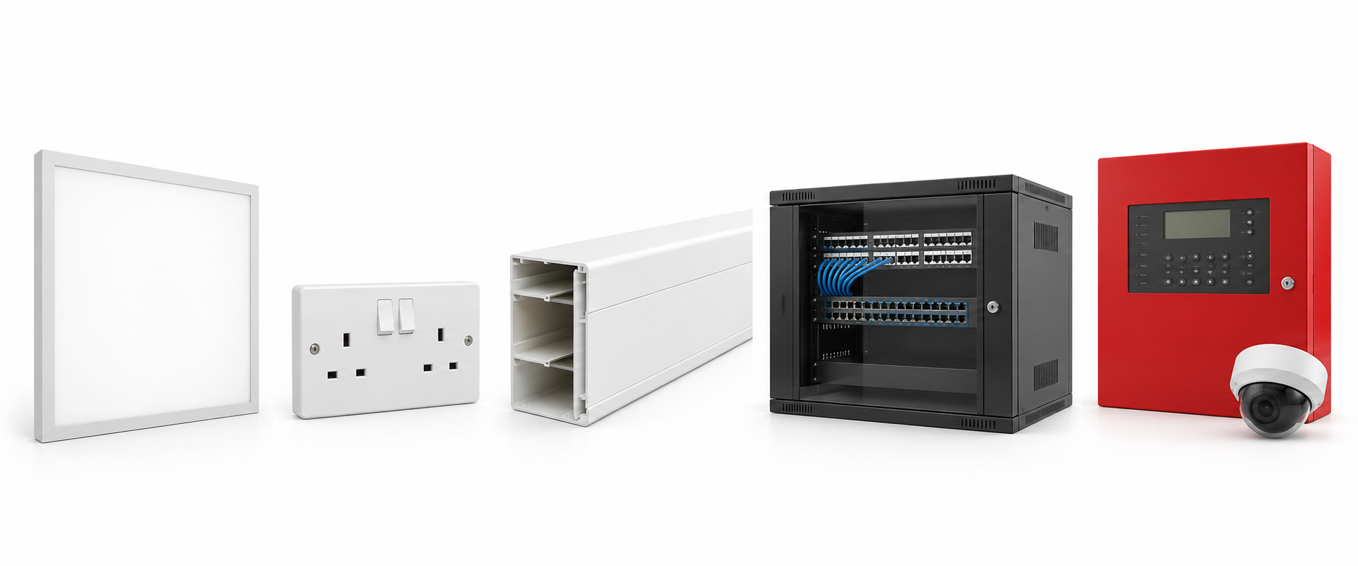 LED panel, tamper-resistant outlet, dado trunking, network rack, fire panel and CCTV camera
