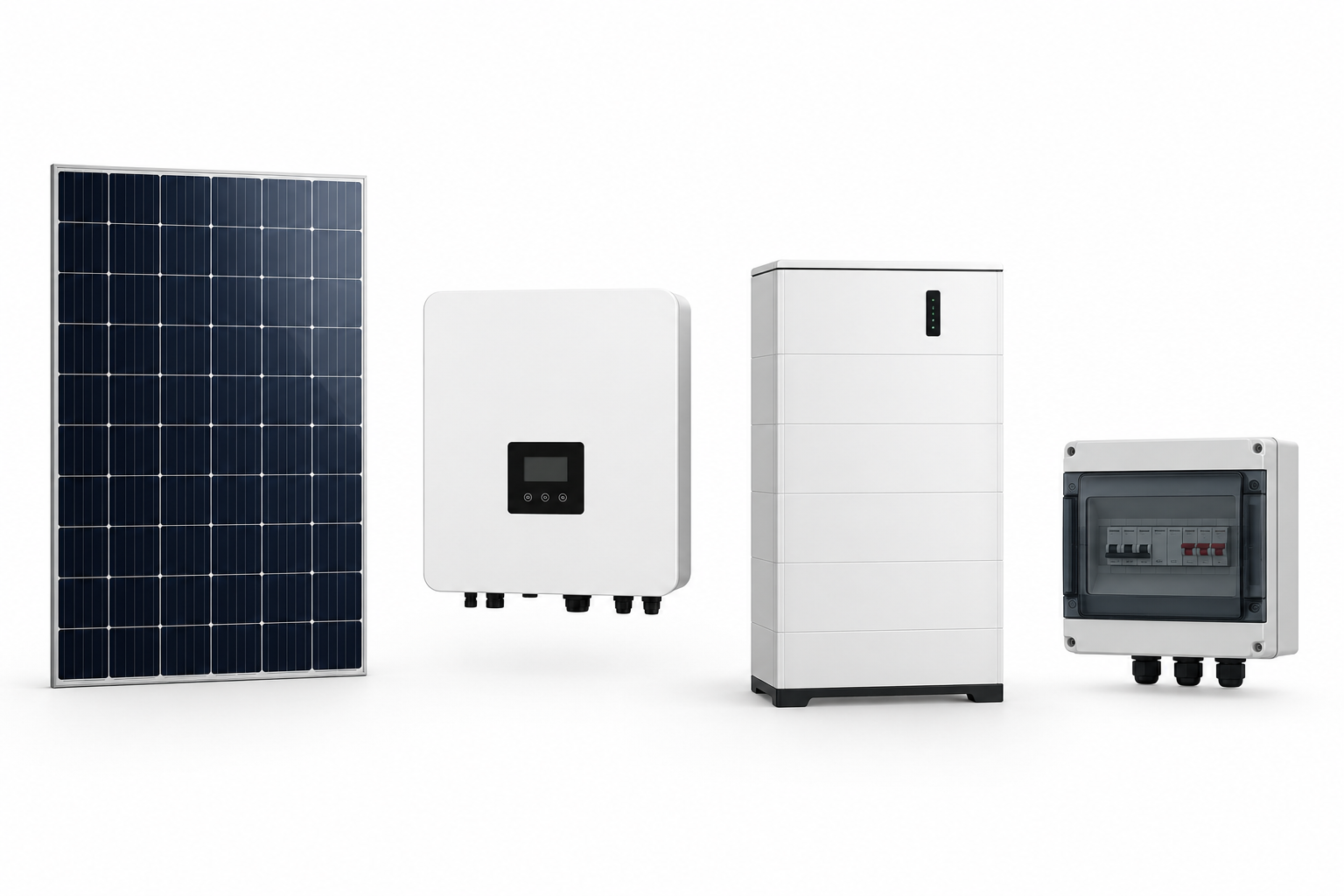 Solar panel, inverter, battery and solar distribution box