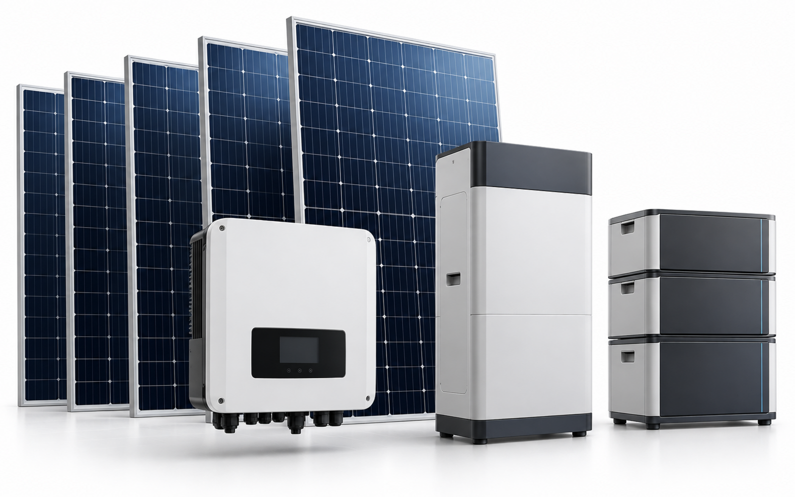 Solar panels, hybrid inverter and lithium battery storage systems