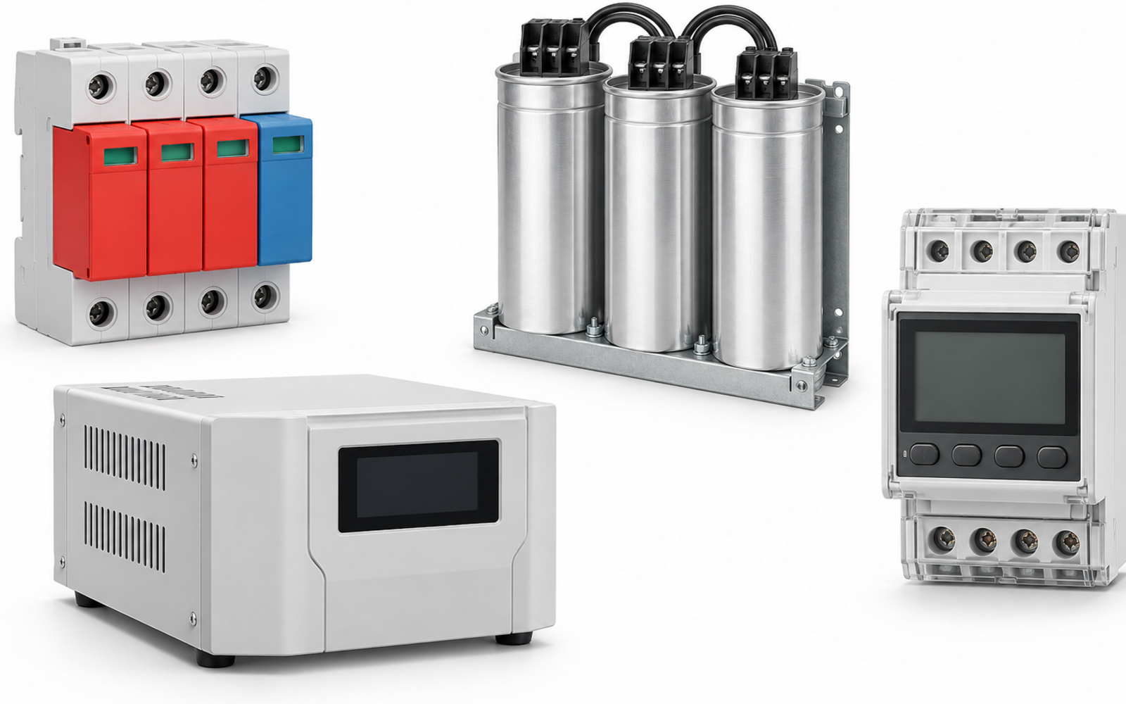 Surge protective devices, power-factor capacitors, voltage stabilizer and energy meter