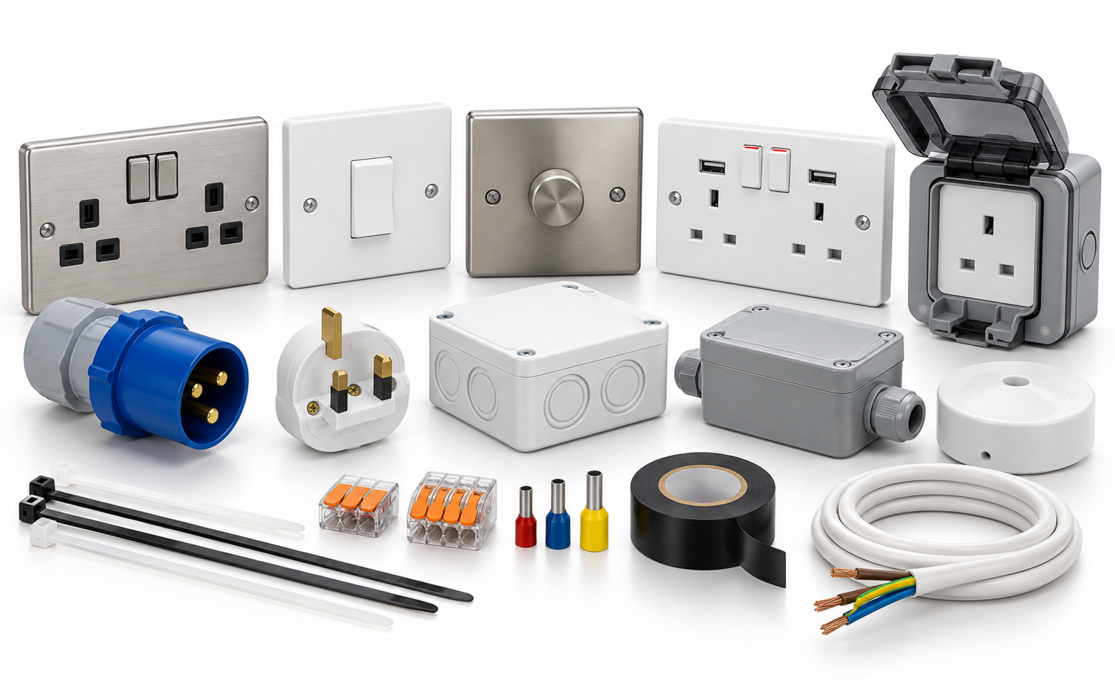 Switches, sockets, weatherproof outlets, junction boxes and wiring accessories