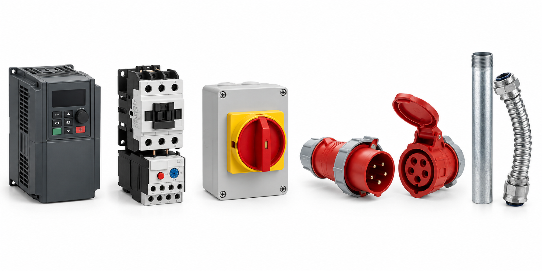 Variable frequency drive, contactor, isolator, industrial plug and metal conduit